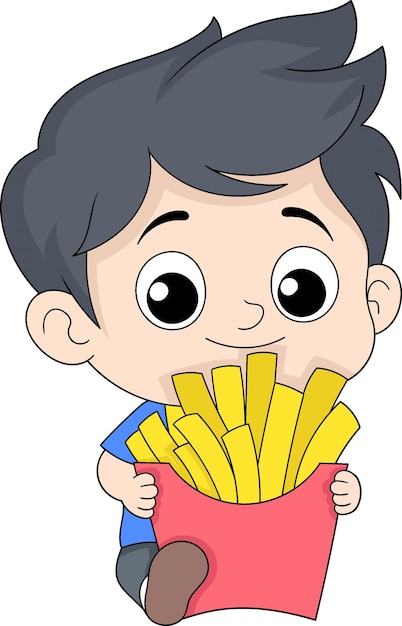 cartoon doodle illustration baby boy is hugging a large and delicious portion of french fries