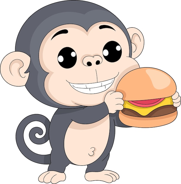 Счастливая обезьяна стоит и ест вкусный бургер.