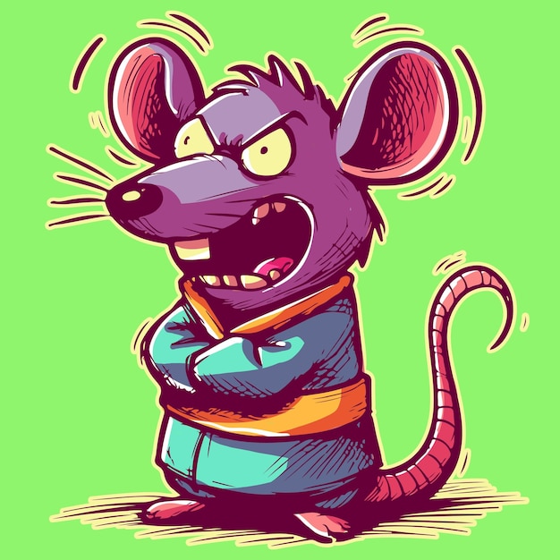 Cartoon doodle of an insane and mad rat screaming in a straitjacket Anthropomorphic psychotic mouse