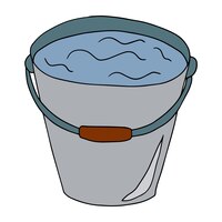 Cartoon doodle linear bucket with liquid isolated on white background.