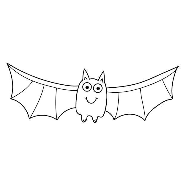 Cartoon doodle linear smiling bat isolated on white background Vector illustration