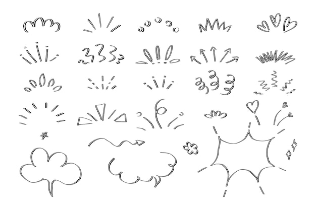 Cartoon doodle pop surprise line icons for decoration design. Comic celebration hand drawn elements