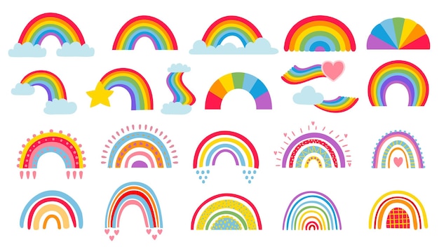 Cartoon doodle regenbogen. Hand getrokken illustratie set.