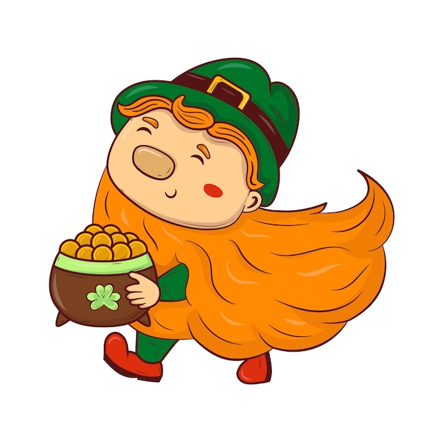 Cartoon doodle saint patrick redbearded leprechaun porta una pentola di monete d'oro