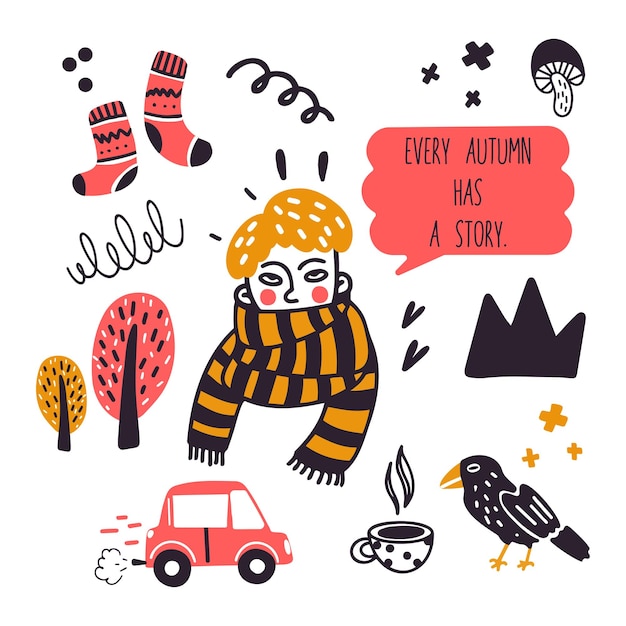 Cartoon doodle style vector illustration autumn stickers