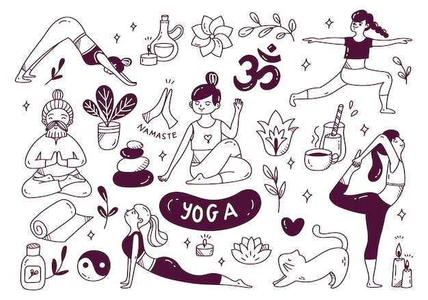 Vector cartoon doodle of woman doing yoga in various poses