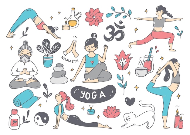 Doodle del fumetto della donna che fa yoga in varie pose