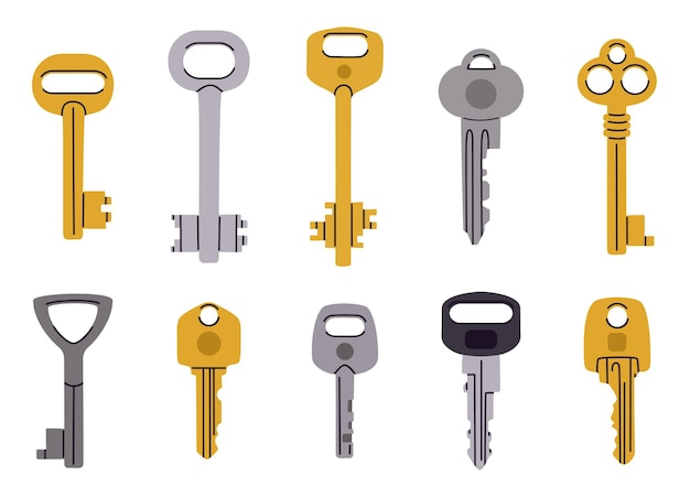 Cartoon door keys Vintage and modern key home apartment car or mail box keys Hand drawn keys flat vector illustration set