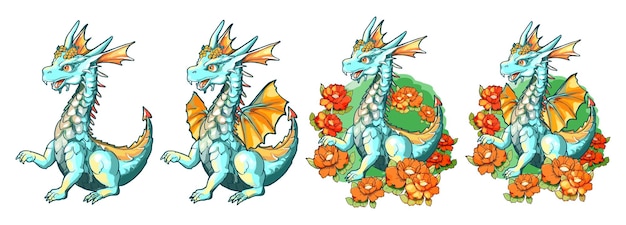 Vector cartoon dragon fairy cute dragonfly icons collection baby fire dragon or dinosaur cute characters