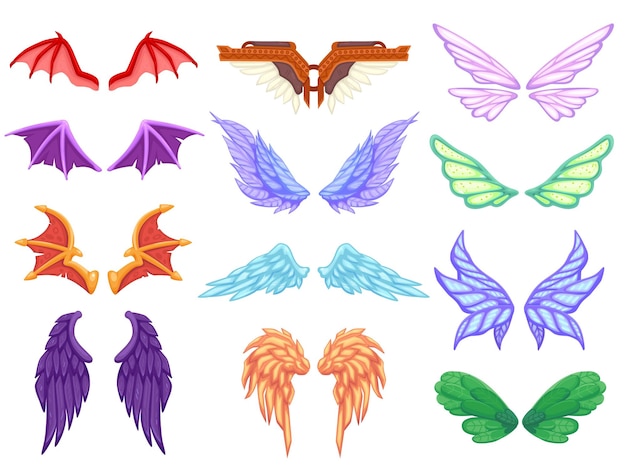 Cartoon dragon wings angel devil dragon bat fairy tail mythical monster pegasus unicorn fantasy animal cute wing collection fly winged creature set icon utter vector illustration