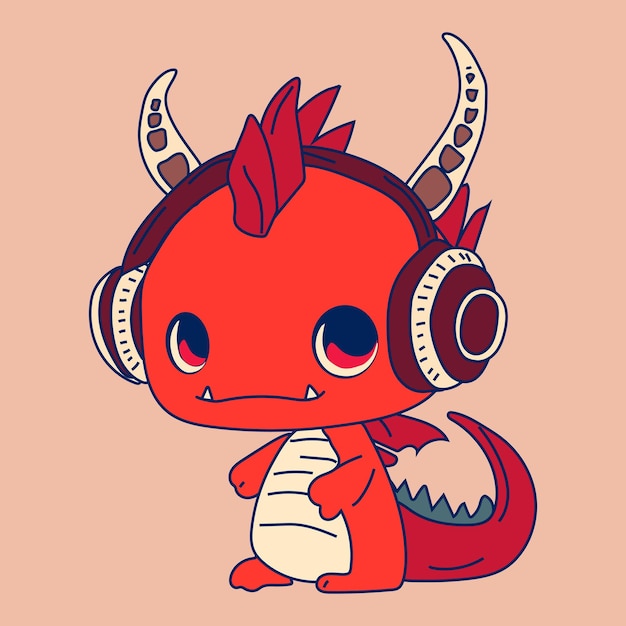 A cartoon dragon with red hair and red headphones is listening to music