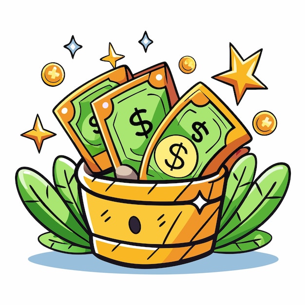 Vector a cartoon drawing of a basket of money with a bunch of dollar bills