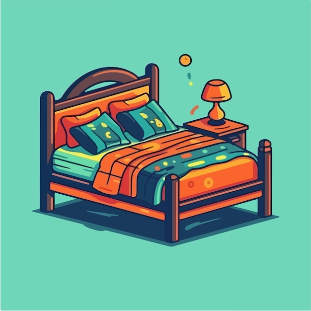 A cartoon drawing of a bed with a lamp on it.