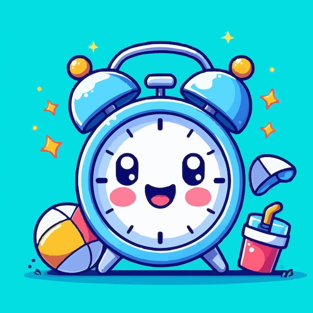 Vector a cartoon drawing of a blue alarm clock with a picture of a cartoon character and a cup of paint