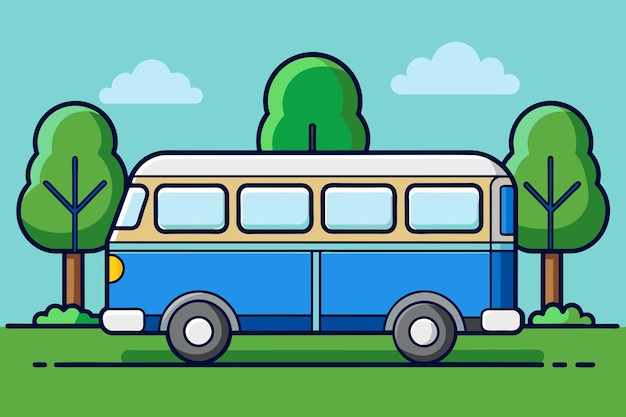 Vector a cartoon drawing of a blue and white bus with trees in the background