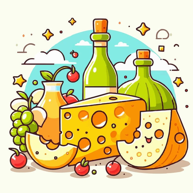 Vector a cartoon drawing of a bottle of wine grapes and cheese