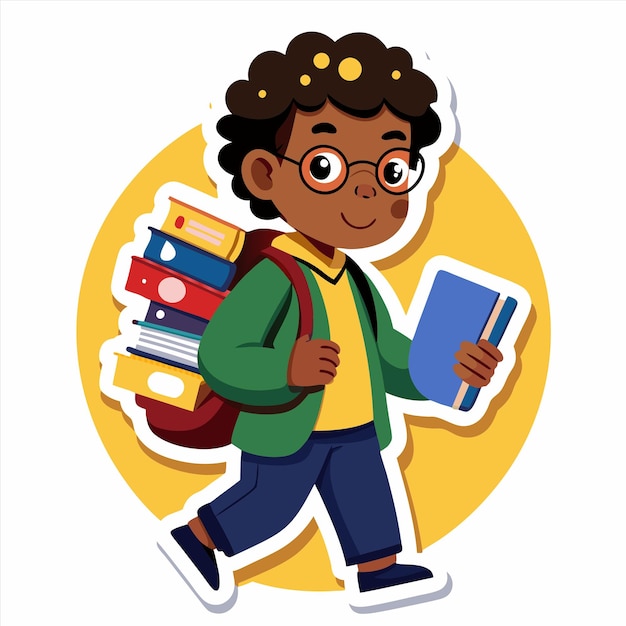 a cartoon drawing of a boy carrying a book with a yellow background
