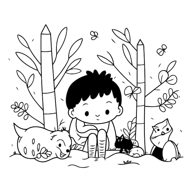 a cartoon drawing of a boy sitting in the sand with a cat and a tree in the background