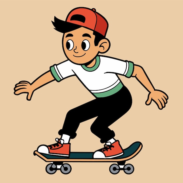 Vettore un disegno di cartone animato di un ragazzo su uno skateboard con le braccia allungate ai lati
