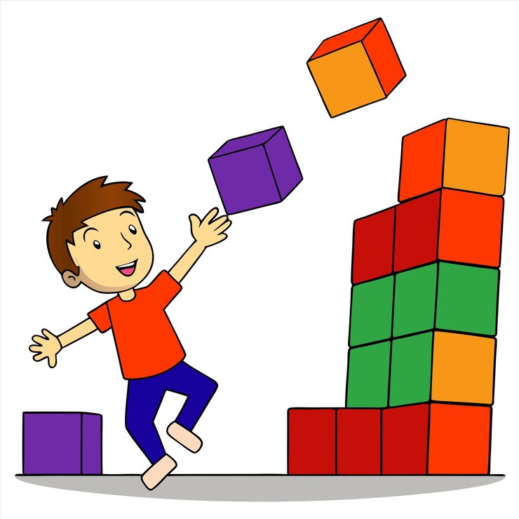 Vector a cartoon drawing of a boy throwing boxes with a colorful one that says quot he  s throwing cubes q