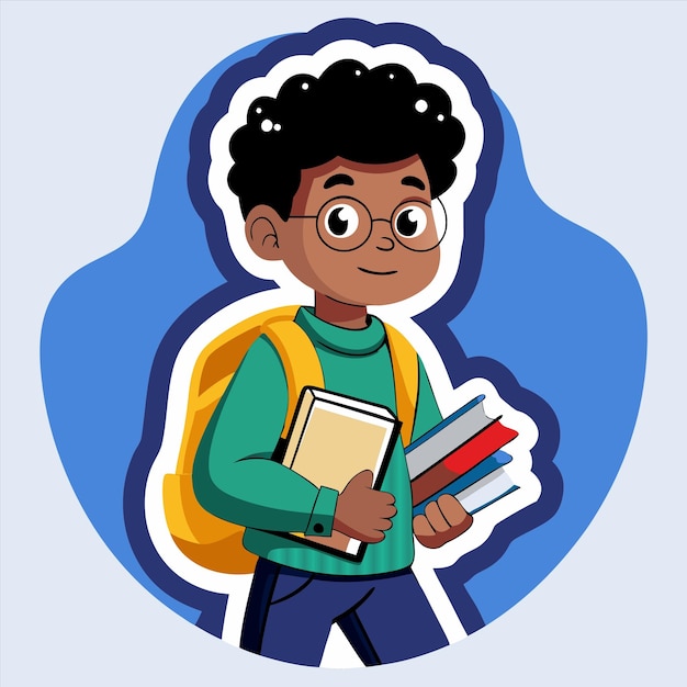 a cartoon drawing of a boy with books and a sky background