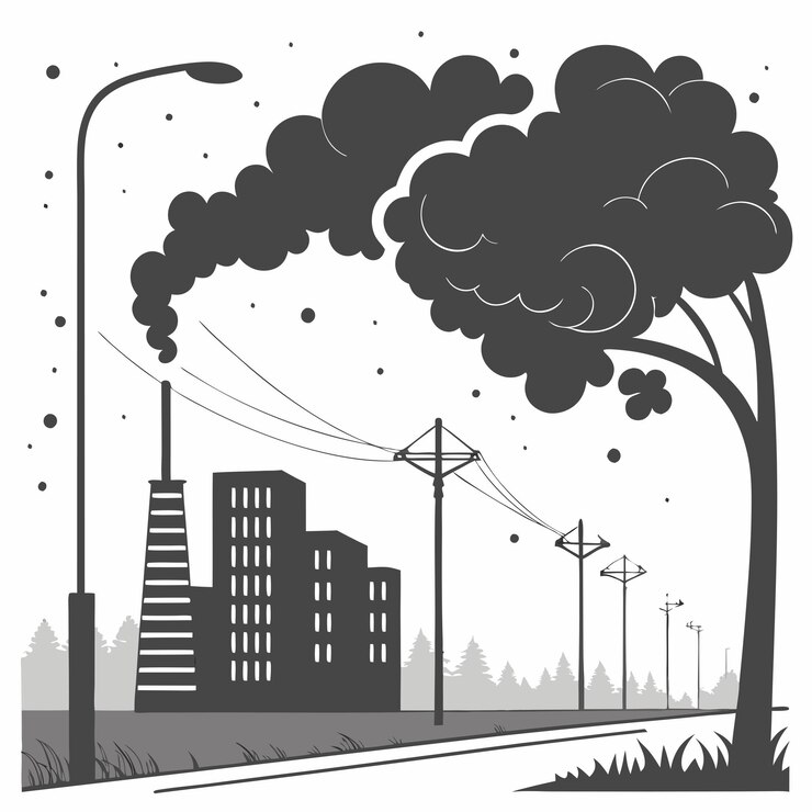 Vector a cartoon drawing of a building with a power line in the background