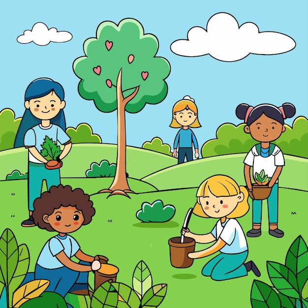 Vector a cartoon drawing of children in a garden with a group of children