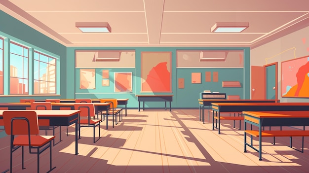 Vector a cartoon drawing of a classroom with a red and blue wall