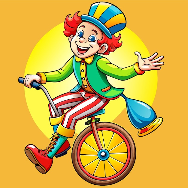 Vector a cartoon drawing of a clown riding a bike with a yellow background