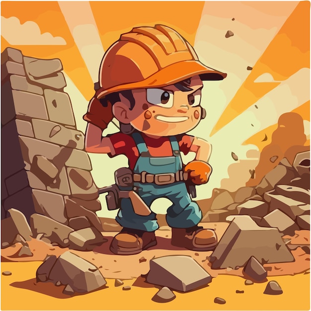 A cartoon drawing of a construction worker wearing a hard hat and holding a hammer.