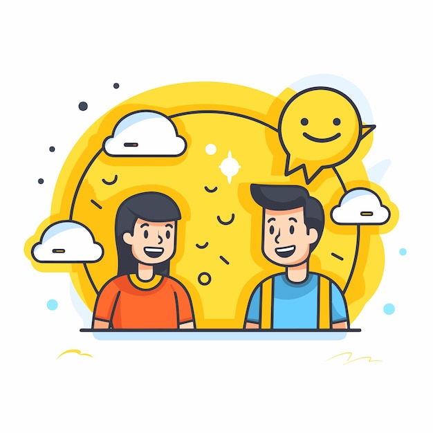 A cartoon drawing of a couple at a desk with clouds and a yellow background.