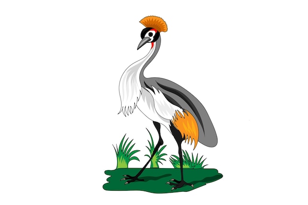 A cartoon drawing of a crane with a red crown on its head.