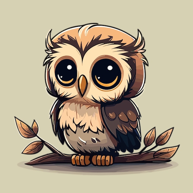 Cartoon drawing of a cute owl with big eyes sitting on a branch