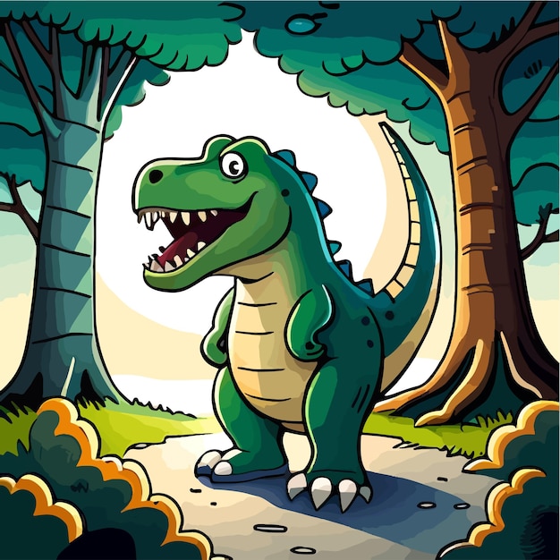 A cartoon drawing of a dinosaur in the forest