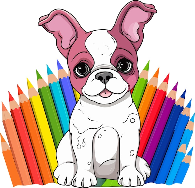 A cartoon drawing of a dog with colored pencils.