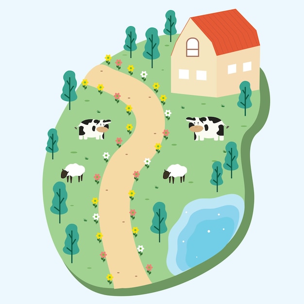 Un disegno di cartone animato di una fattoria con mucche sul terreno