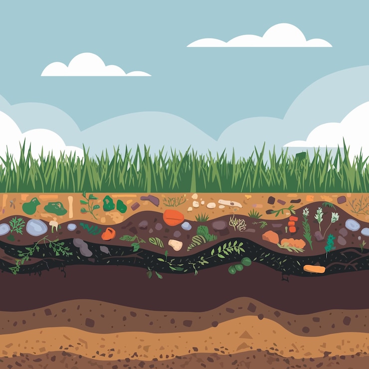 Vector a cartoon drawing of a field with a field of plants and rocks