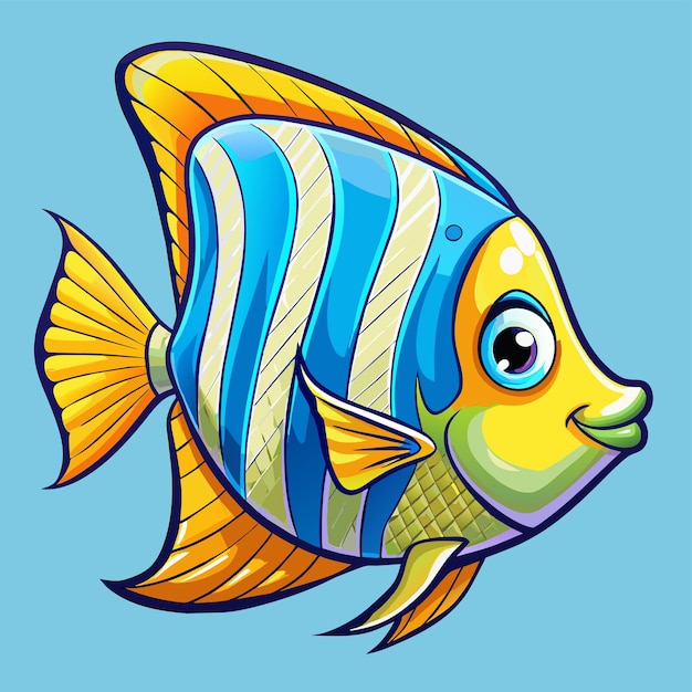 Vettore un disegno di cartone animato di un pesce con una faccia gialla e strisce blu e bianche