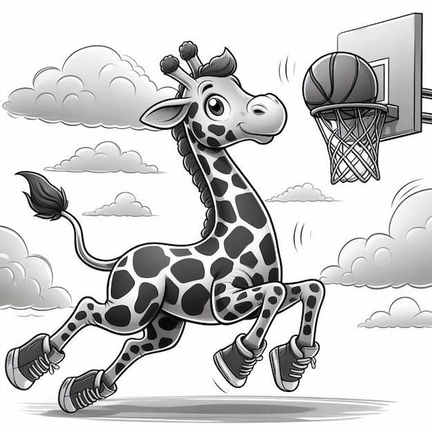 a cartoon drawing of a giraffe with a basketball hoop