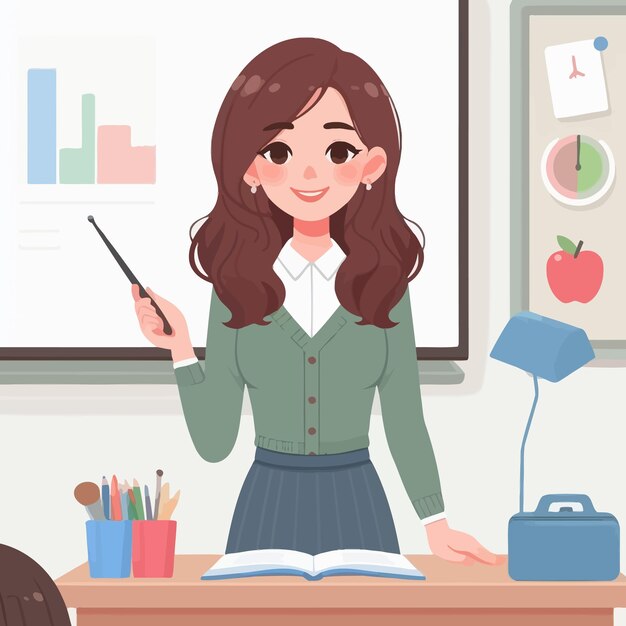 Vector a cartoon drawing of a girl in a green jacket and a pencil