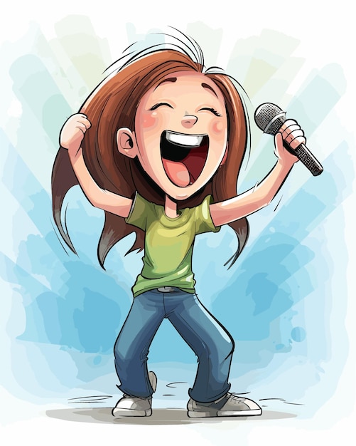 Vector a cartoon drawing of a girl singing with a microphone
