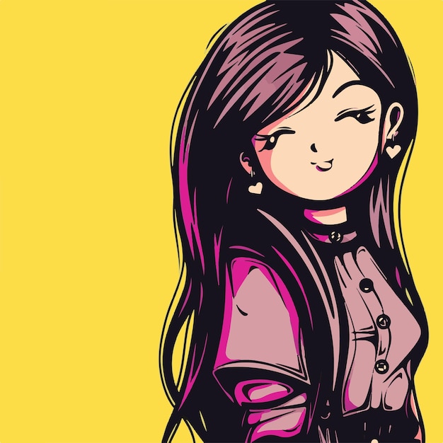 A cartoon drawing of a girl with long hair and a pink jacket.