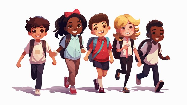Vector a cartoon drawing of a group of kids with backpacks