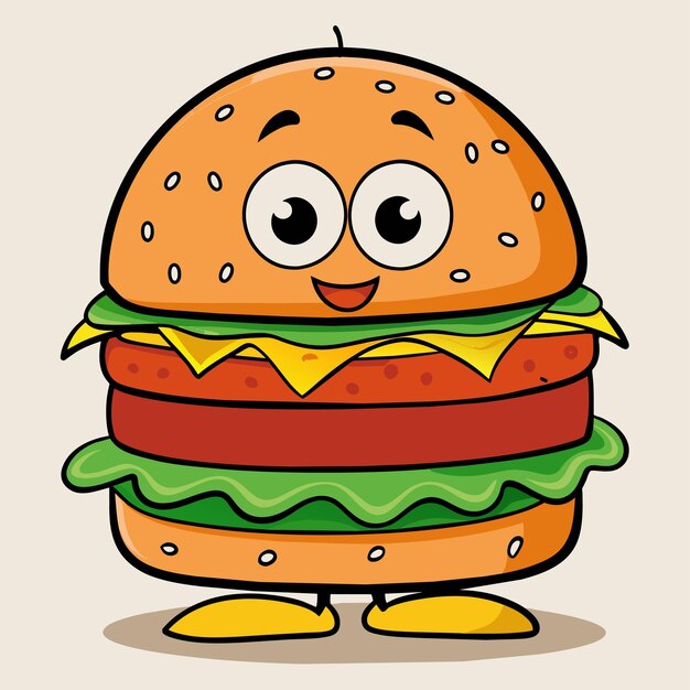 Vettore un disegno di cartone animato di un hamburger con una faccia buffa e un grande sorriso sul suo viso