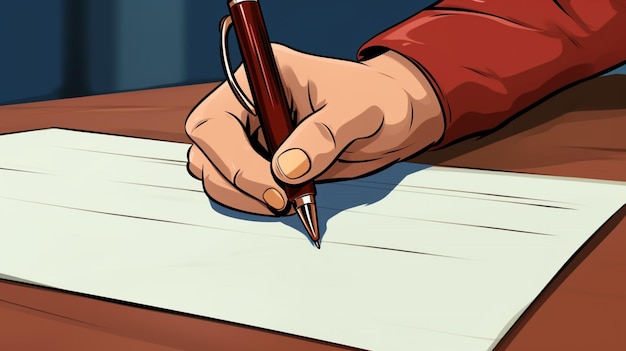 Vettore un disegno a fumetto di una mano che scrive su un foglio di carta con una penna dentro