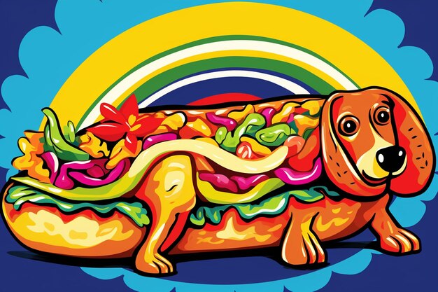 Vector cartoon drawing of a hotdog on bun