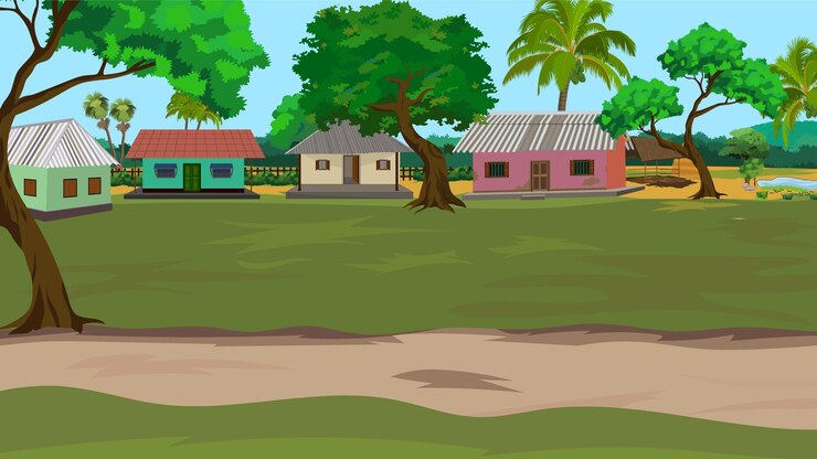 Vector a cartoon drawing of a house with palm trees and houses