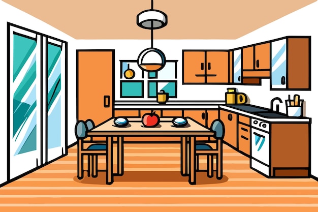 A cartoon drawing of a kitchen with a table and chairs.