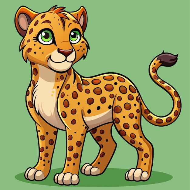 Vettore un disegno di cartone animato di un leopardo con gli occhi verdi