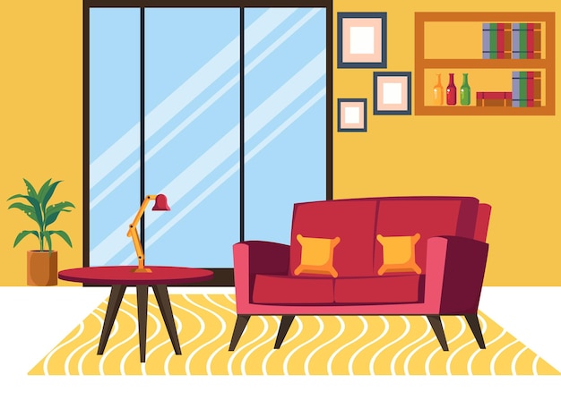 A cartoon drawing of a living room with a red sofa and a glass shelf with wine bottles on it.